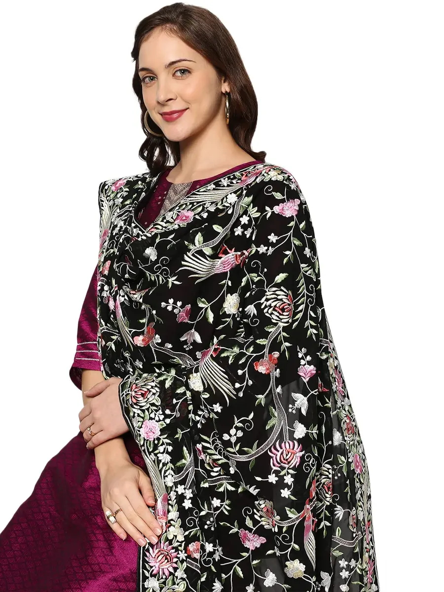 DUPATTA BAZAAR Parsi Gara Embroidered Georgette Dupatta 228 cm (90 inches) | Black Floral & Bird Work - view 2
