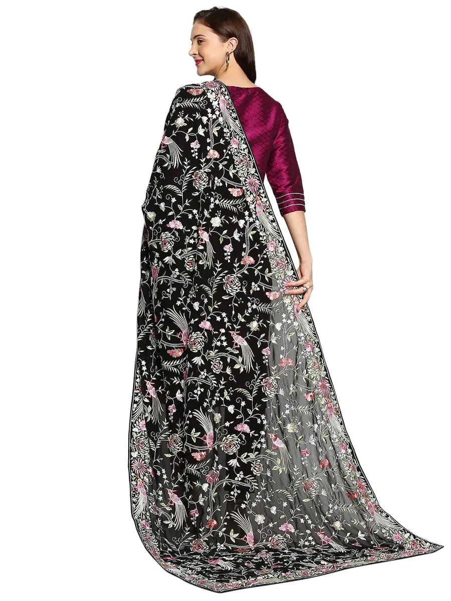 DUPATTA BAZAAR Parsi Gara Embroidered Georgette Dupatta 228 cm (90 inches) | Black Floral & Bird Work - view 4