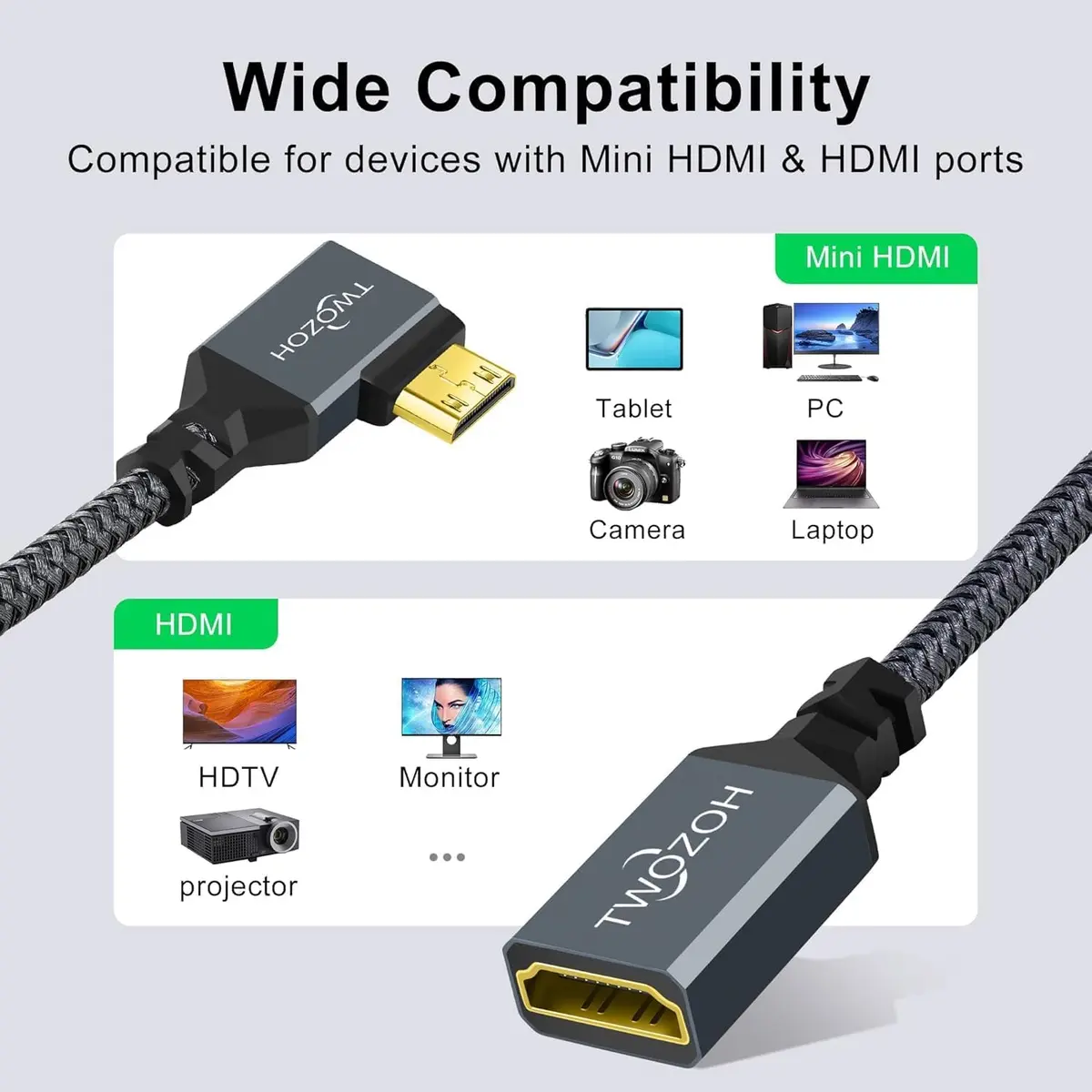 Twozoh Mini HDMI to HDMI Female Adapter Cable Left Angled 90°Degree Supports 4K/60Hz, 1080p 0.6FT | Stable Transmission - view 5