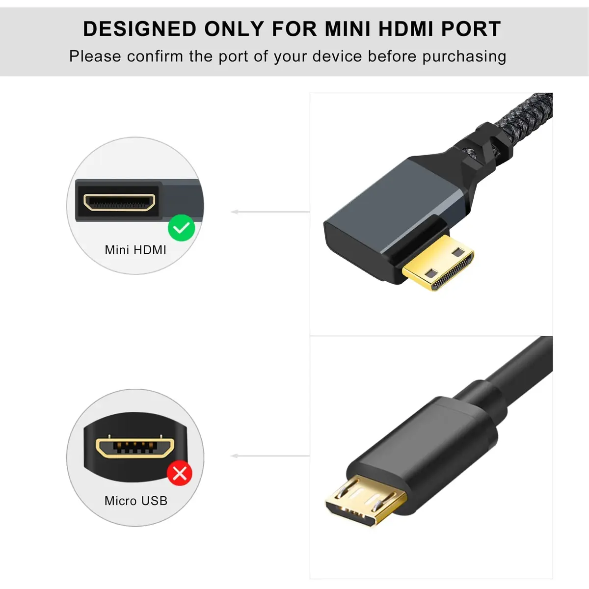Twozoh Mini HDMI to HDMI Adapter Cable 0.6FT (18cm) | Right Angle 90° Elbow, Nylon Braided, 4K@60Hz Support - view 4