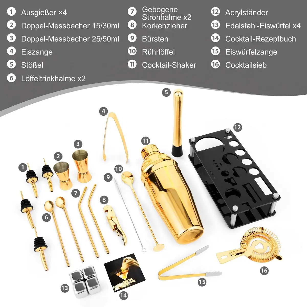 KINGROW Cocktail Shaker Set, 23 Piece Bartender Kit with Stand 25oz Gold | Complete Home Bar - view 5