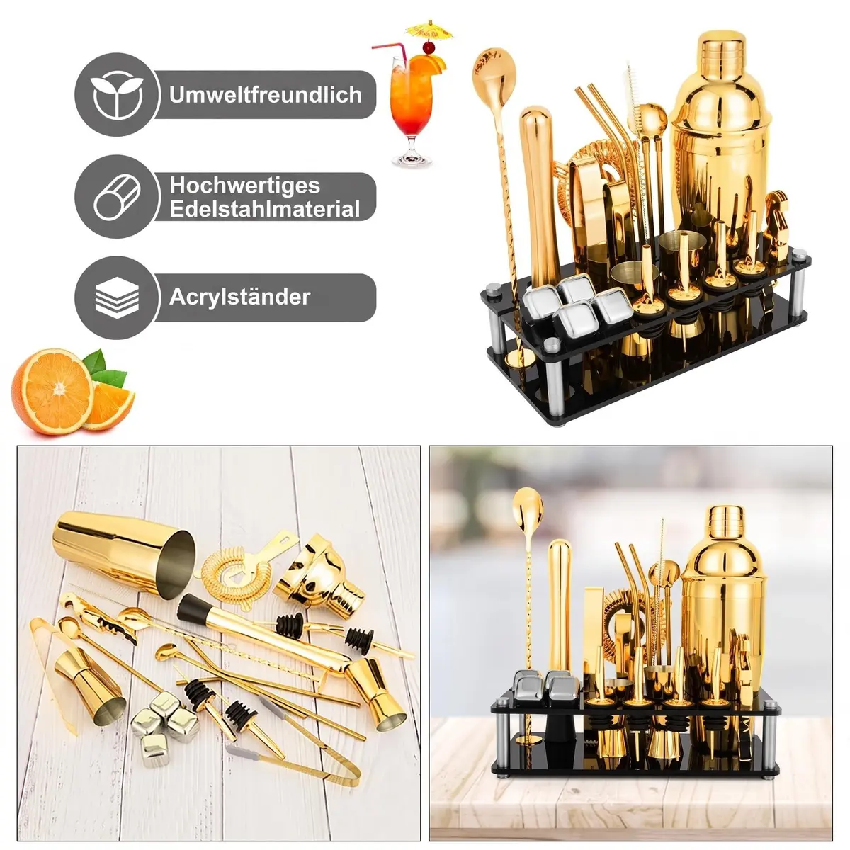 KINGROW Cocktail Shaker Set, 23 Piece Bartender Kit with Stand 25oz Gold | Complete Home Bar - view 7