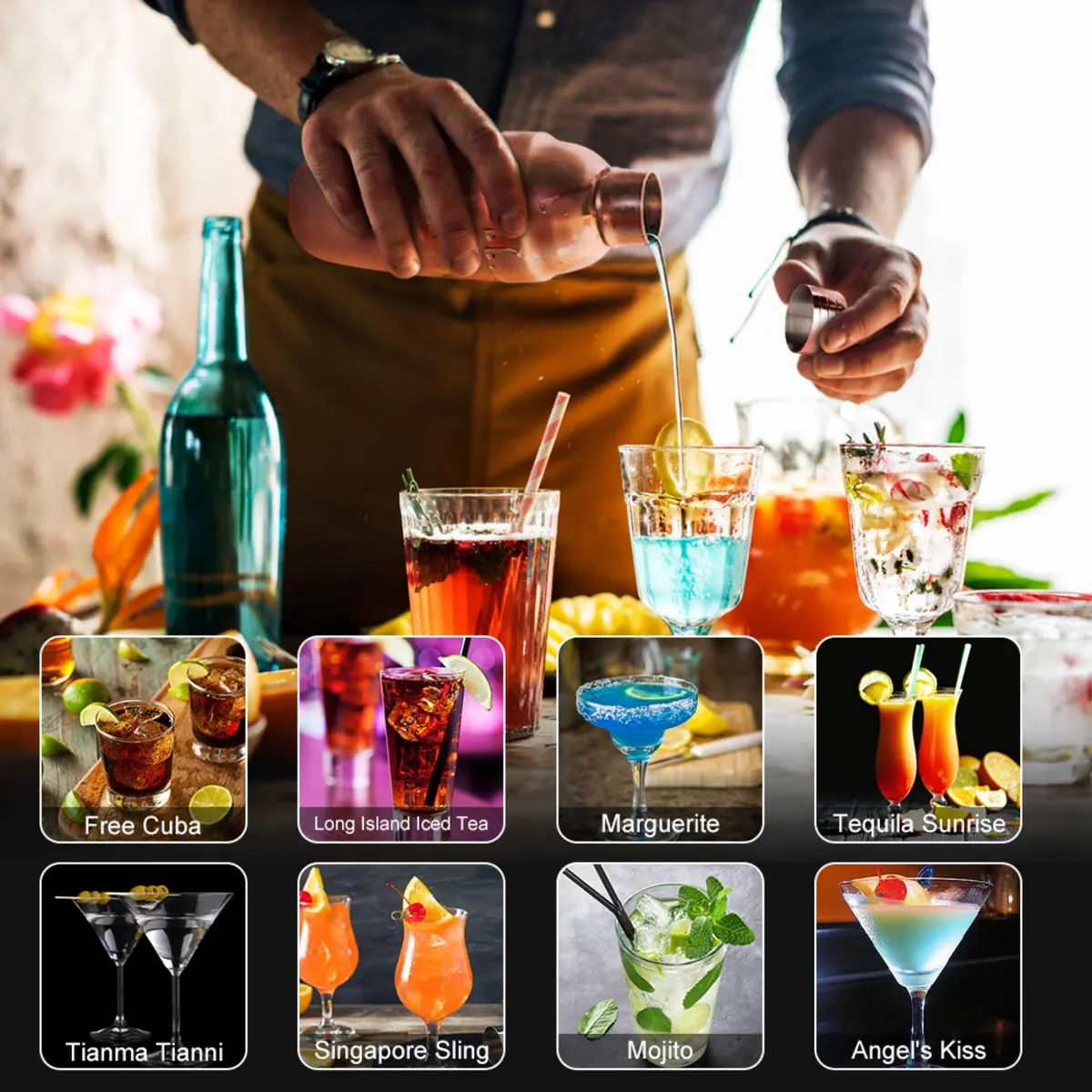 KINGROW Cocktail Shaker Set, 23 Piece Bartender Kit with Stand Gold Rose | Premium Stainless Steel Bar Tool Set for Home & Party - view 3