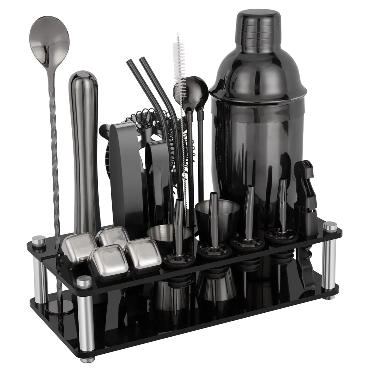 KINGROW Cocktail Shaker Set, 23 Piece Bartender Kit with Stand 25oz Black | Complete Home Bar - main product image