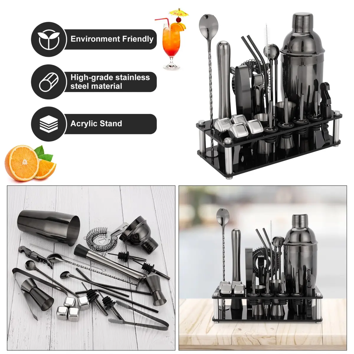 KINGROW Cocktail Shaker Set, 23 Piece Bartender Kit with Stand 25oz Black | Complete Home Bar - view 7