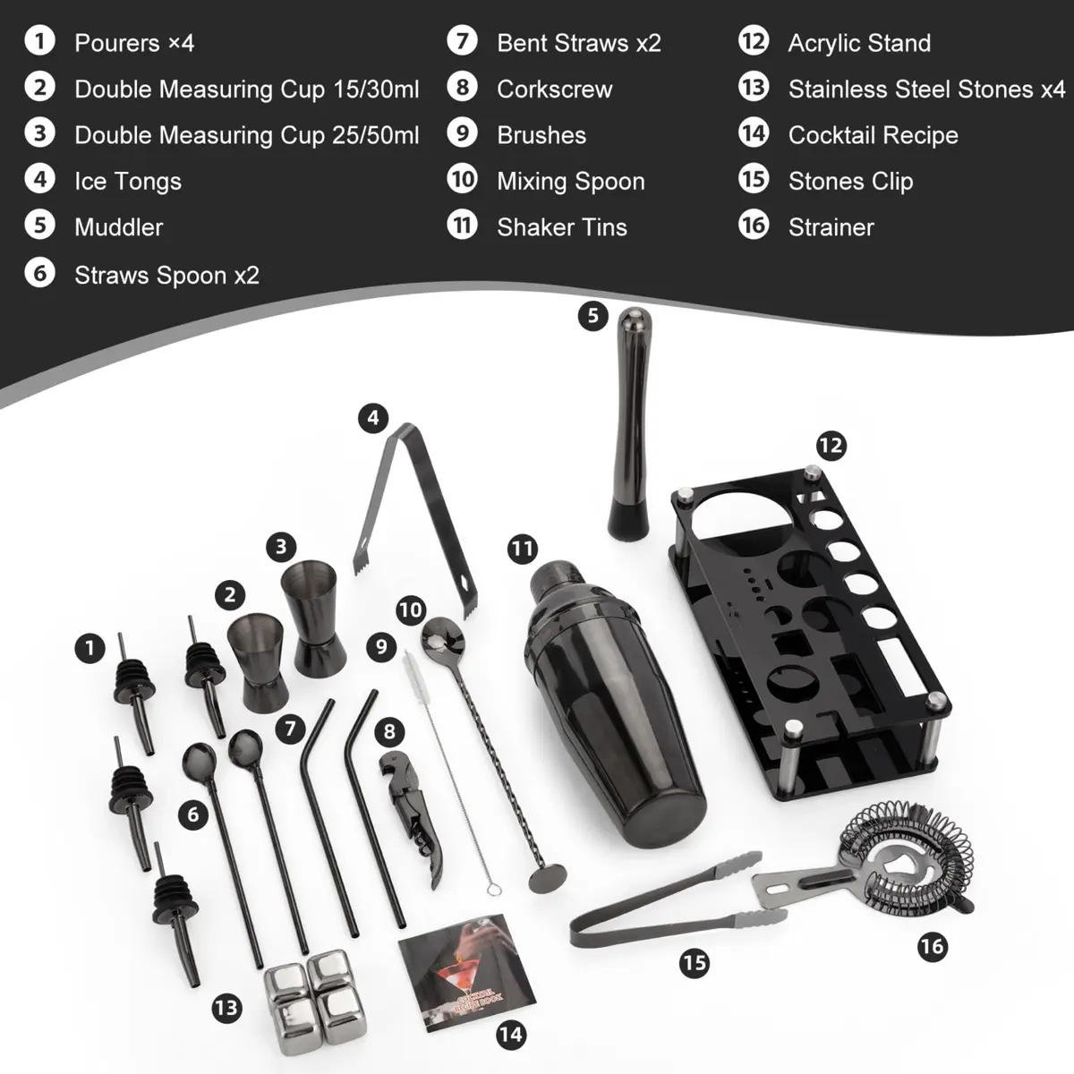 KINGROW Cocktail Shaker Set, 23 Piece Bartender Kit with Stand 25oz Black | Complete Home Bar - view 2