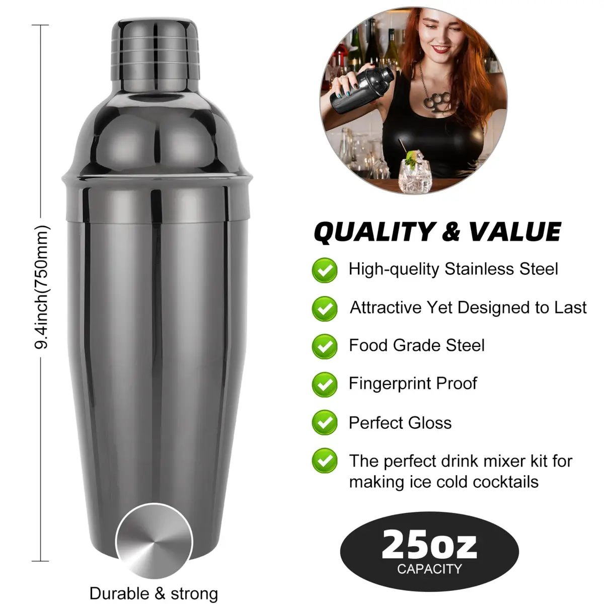 KINGROW Cocktail Shaker Set, 23 Piece Bartender Kit with Stand 25oz Black | Complete Home Bar - view 3