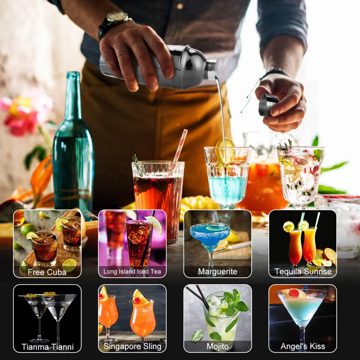 KINGROW Cocktail Shaker Set, 23 Piece Bartender Kit with Stand 25oz Black | Complete Home Bar - view 4
