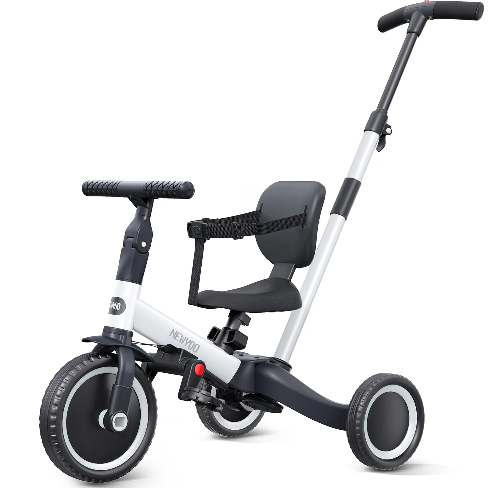 newyoo 4-in-1 Toddler Bike with Parent Steering Handle, White, TR007 | ASTM Tested Educational Ride-On Toy - main product image