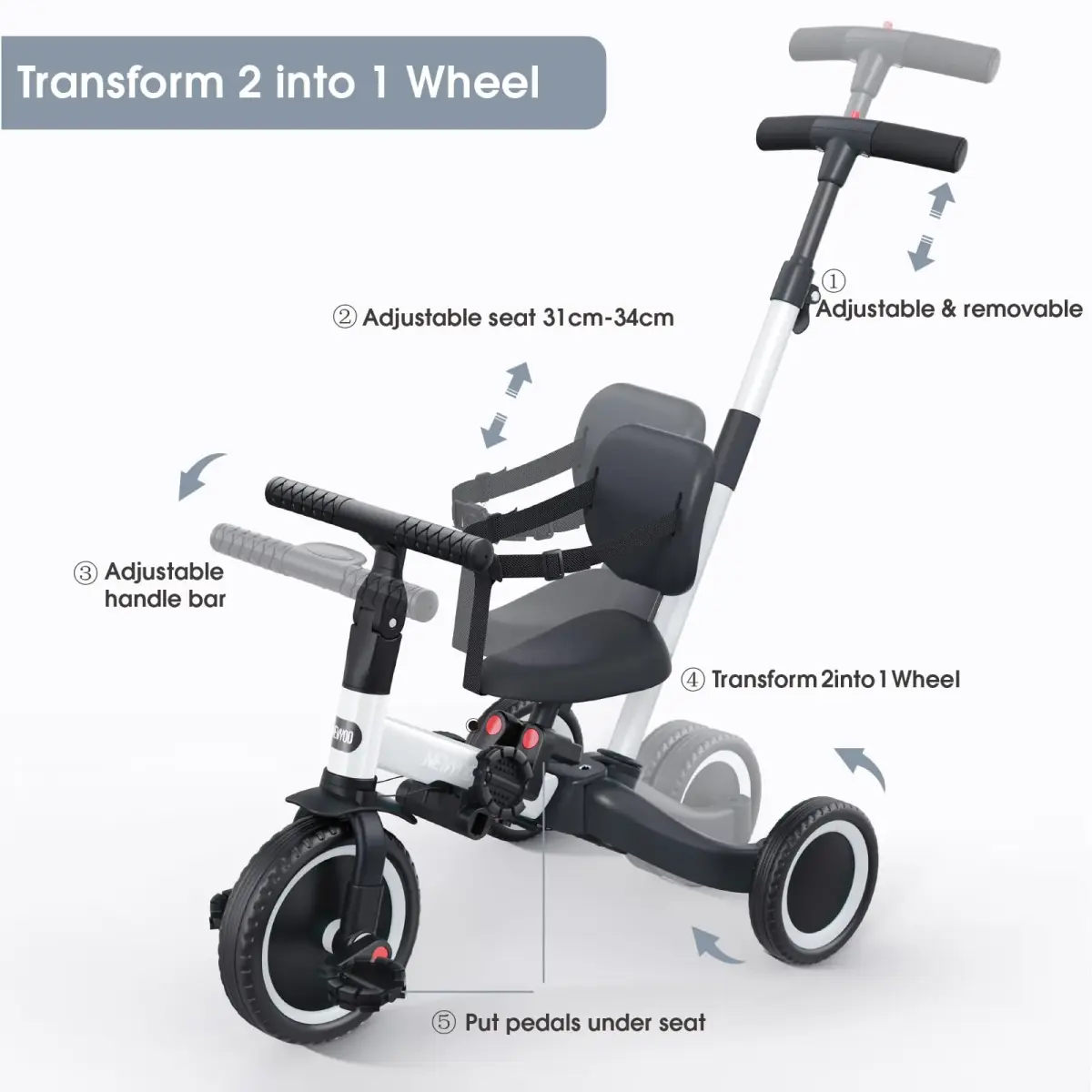 newyoo TR007 5-in-1 Toddler Tricycle & Balance Bike 12-36 Months | ASTM Approved - view 4