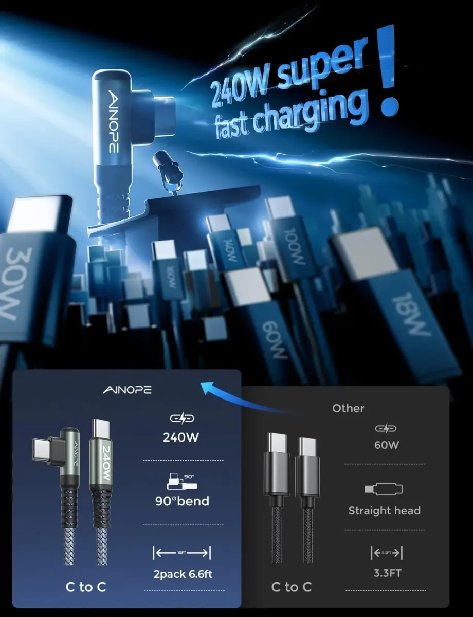 AINOPE 240W USB C to USB C Cable 2.0m (6.6ft) Right Angle | Fast Charging & Data Transfer - view 2