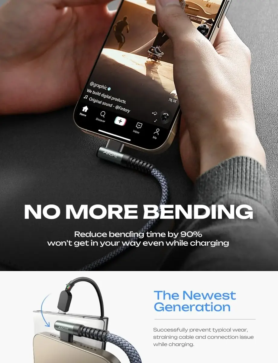 AINOPE 240W USB C to USB C Cable 2.0m (6.6ft) Right Angle | Fast Charging & Data Transfer - view 3