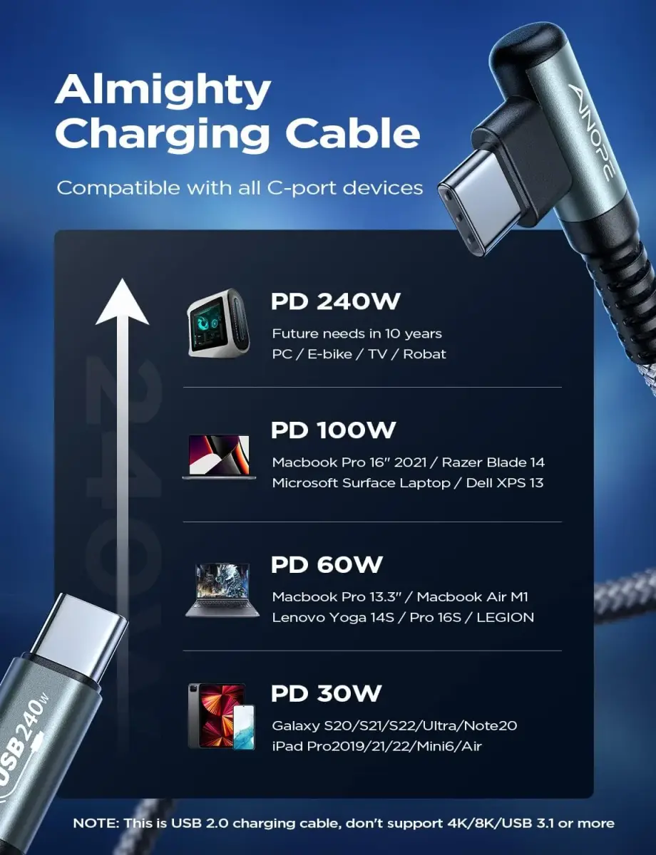 AINOPE 240W USB C to USB C Cable 2.0m (6.6ft) Right Angle | Fast Charging & Data Transfer - view 4