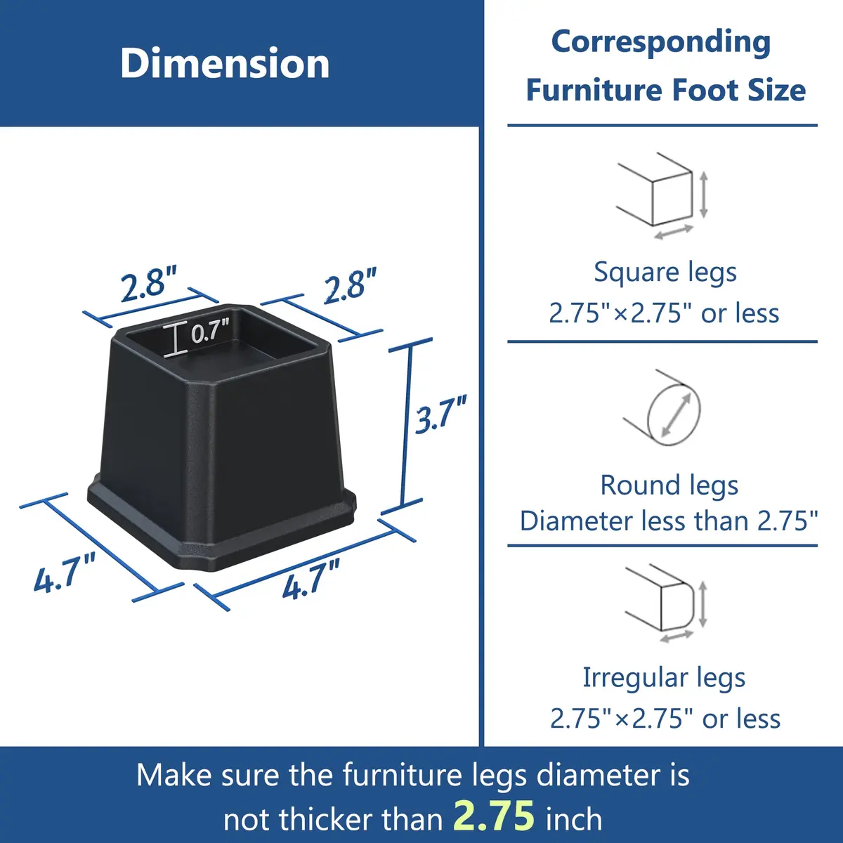 Ahasolid Bed Risers 3 Inch Heavy Duty | Furniture Risers, Set of 8, Black, Supports up to 1500 lbs - view 6