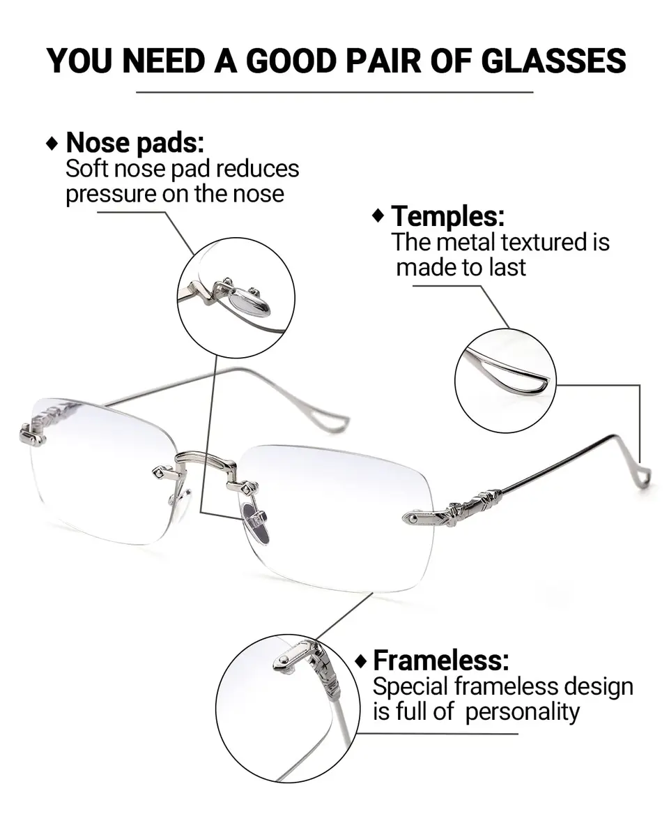 TERAISE Frameless Metal Reading Glasses for Men/Women Blue Light Blocking | Stylish & Durable (142mm width, 37mm lens height) - view 4