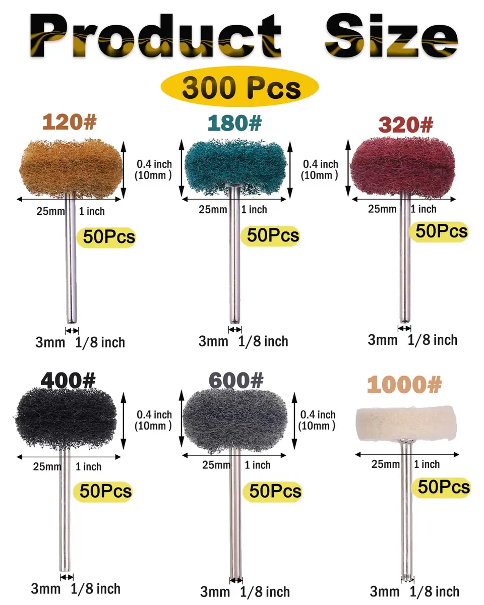 Rocaris 300 Pack 1" Abrasive Buffing Polishing Wheels with 1/8" Shank for Rotary Tools | 6 Grits (120-1000) - view 2