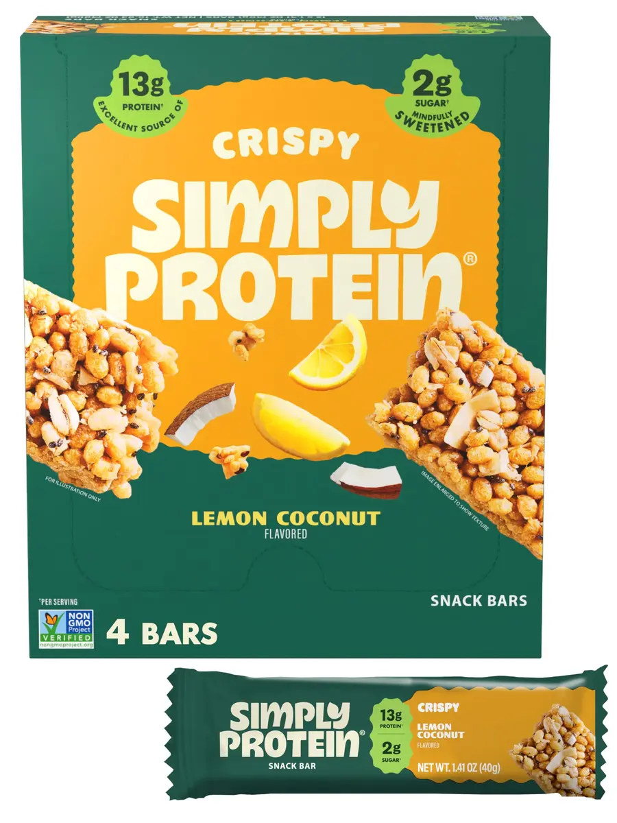 Simply Protein Lemon Coconut Crispy Bars - Plant Based Protein, Low Carb & Sugar, 13g Protein, 7g Fiber, Vegan, Gluten Free (4 Bars) - main product image