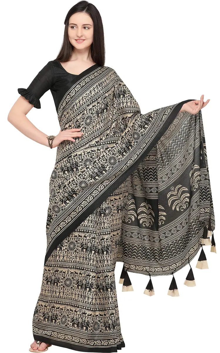 EthnicJunction Khadi Silk Cotton Kalamkari Print Saree with Blouse Piece - 5.5 Mtrs (Beige & Black) - main product image