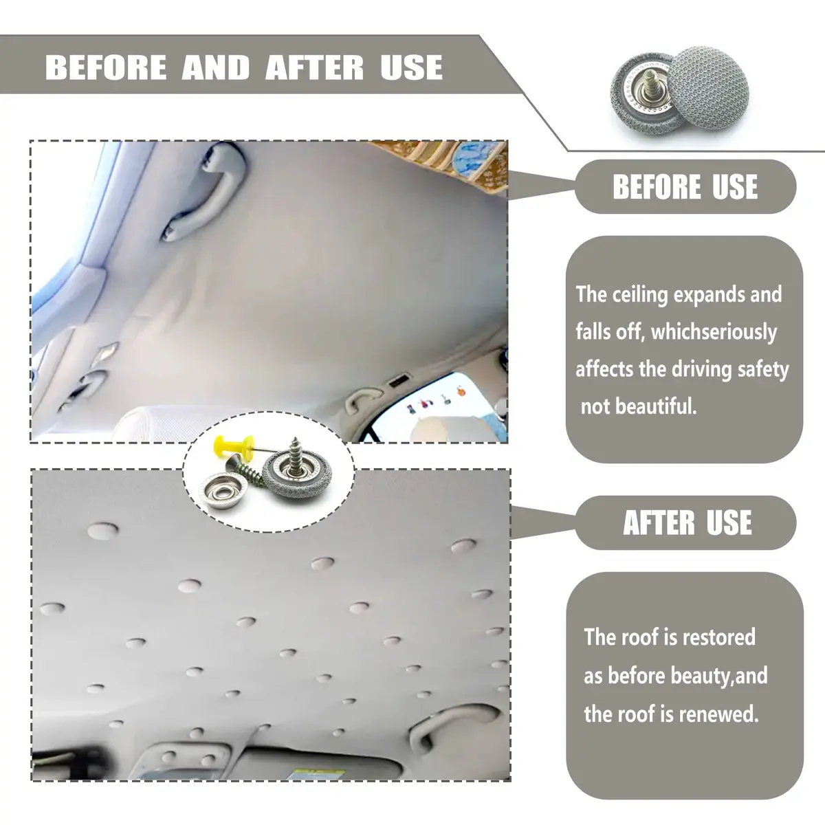 TEMI Grey 60PCS Car Roof Headliner Repair Kit | Universal Auto Roof Snap Rivets for Interior Ceiling Cloth Fixing - view 4