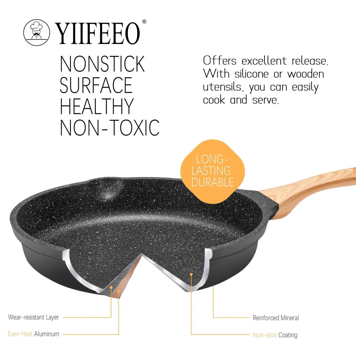 YIIFEEO Non Stick Frying Pan Set - Granite Skillet Set with 3 PCS - Black | Induction Compatible Cookware - view 3