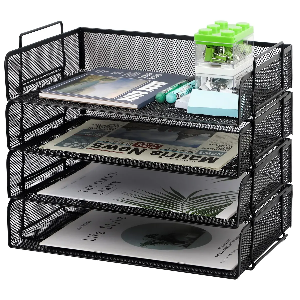 EASEPRES 4 Pack Stackable Desk Paper Tray, Metal Mesh Desktop Document Letter File Organizer for Office Home School, 13.5'' L x 9.75'' W x 11'' H, Black - main product image