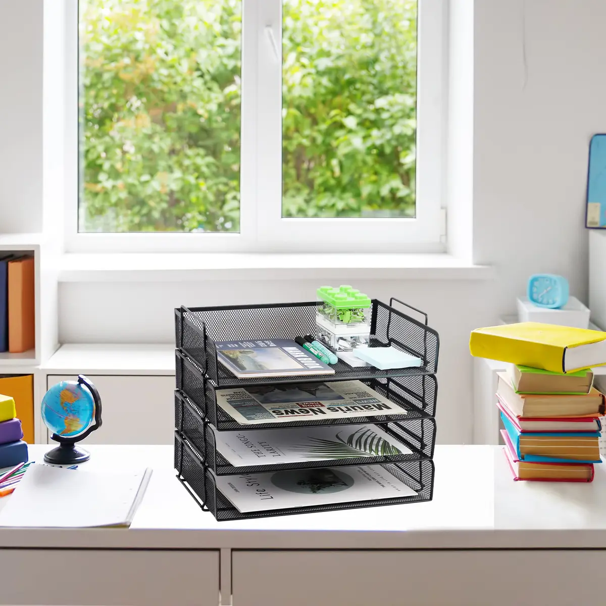 EASEPRES 4 Pack Stackable Desk Paper Tray, Metal Mesh Desktop Document Letter File Organizer for Office Home School, 13.5'' L x 9.75'' W x 11'' H, Black - view 2
