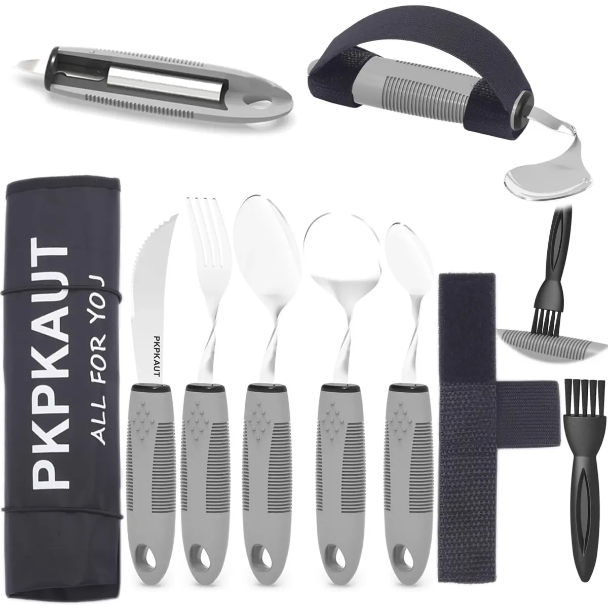 PKPKAUT Weighted Adaptive Utensils Set with Universal Cuff & Roll Bag | 204g (7.2 oz) Utensils for Hand Tremors, Parkinson's, Arthritis - main product image