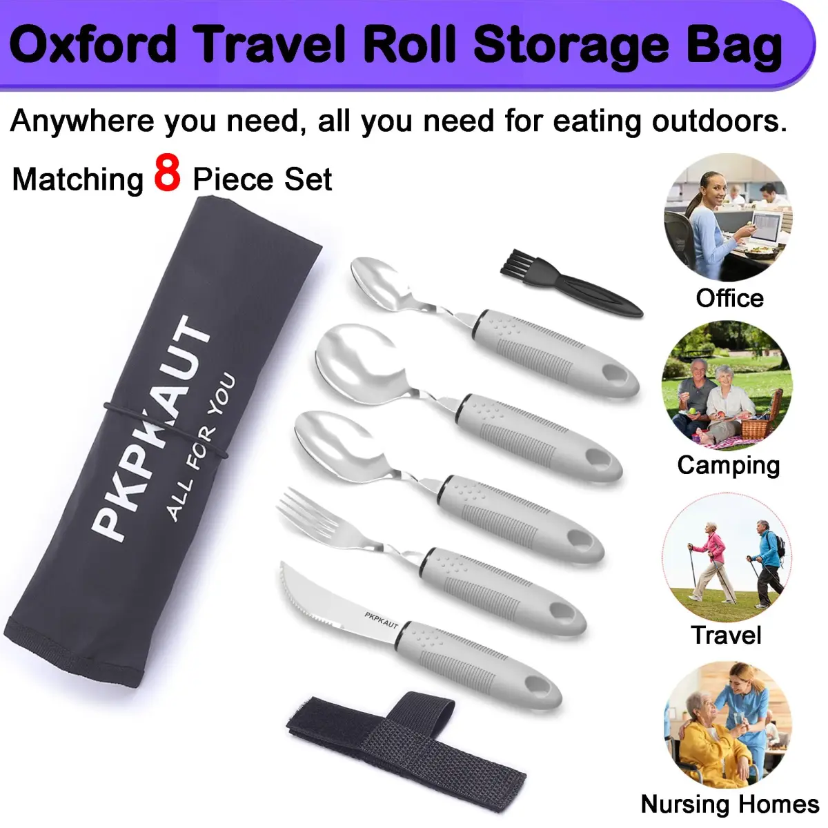 PKPKAUT Weighted Adaptive Utensils Set with Universal Cuff & Roll Bag | 204g (7.2 oz) Utensils for Hand Tremors, Parkinson's, Arthritis - view 6