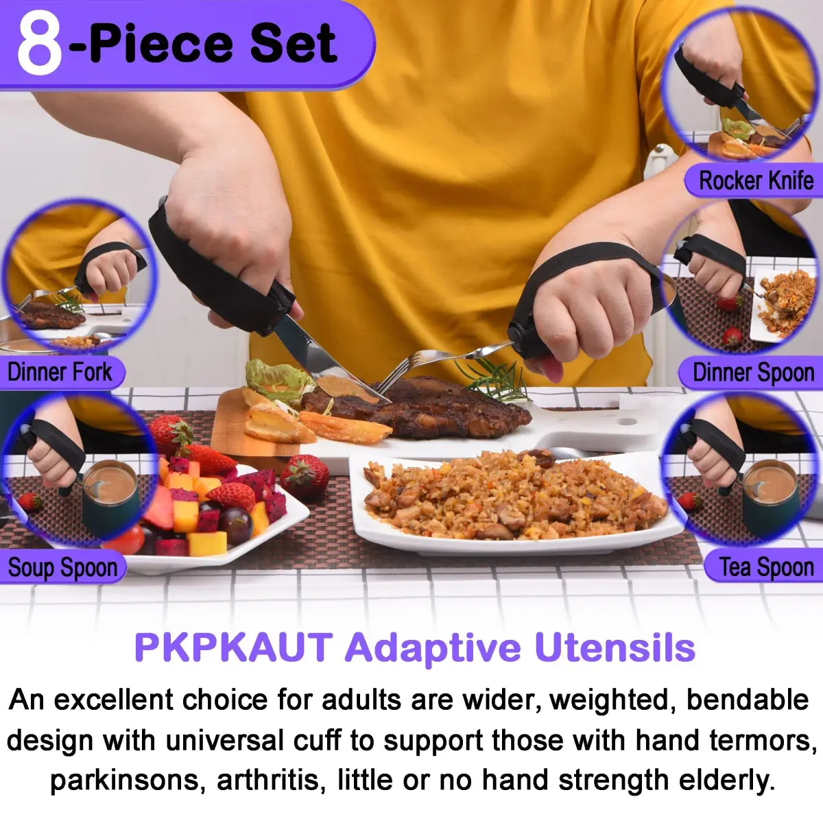 PKPKAUT Weighted Adaptive Utensils Set with Universal Cuff & Roll Bag | 204g (7.2 oz) Utensils for Hand Tremors, Parkinson's, Arthritis - view 2