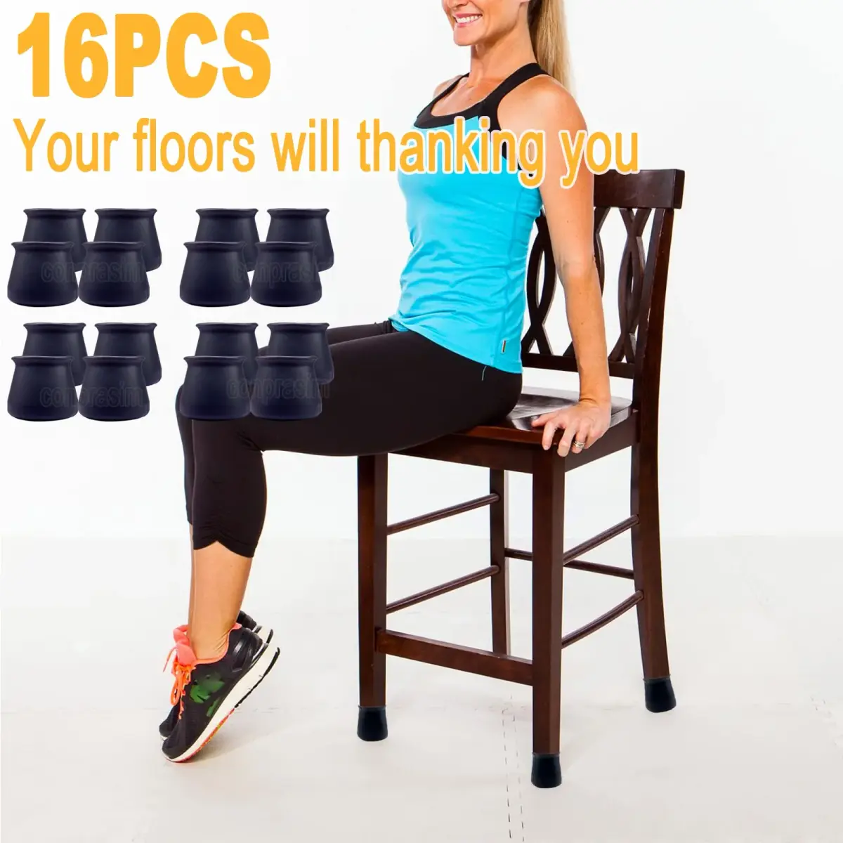Conprasim Silicone Chair Leg Floor Protectors 32mm-42mm | Protects Floors, Reduces Noise, Anti-Slip (16-Pack, Black) - view 7