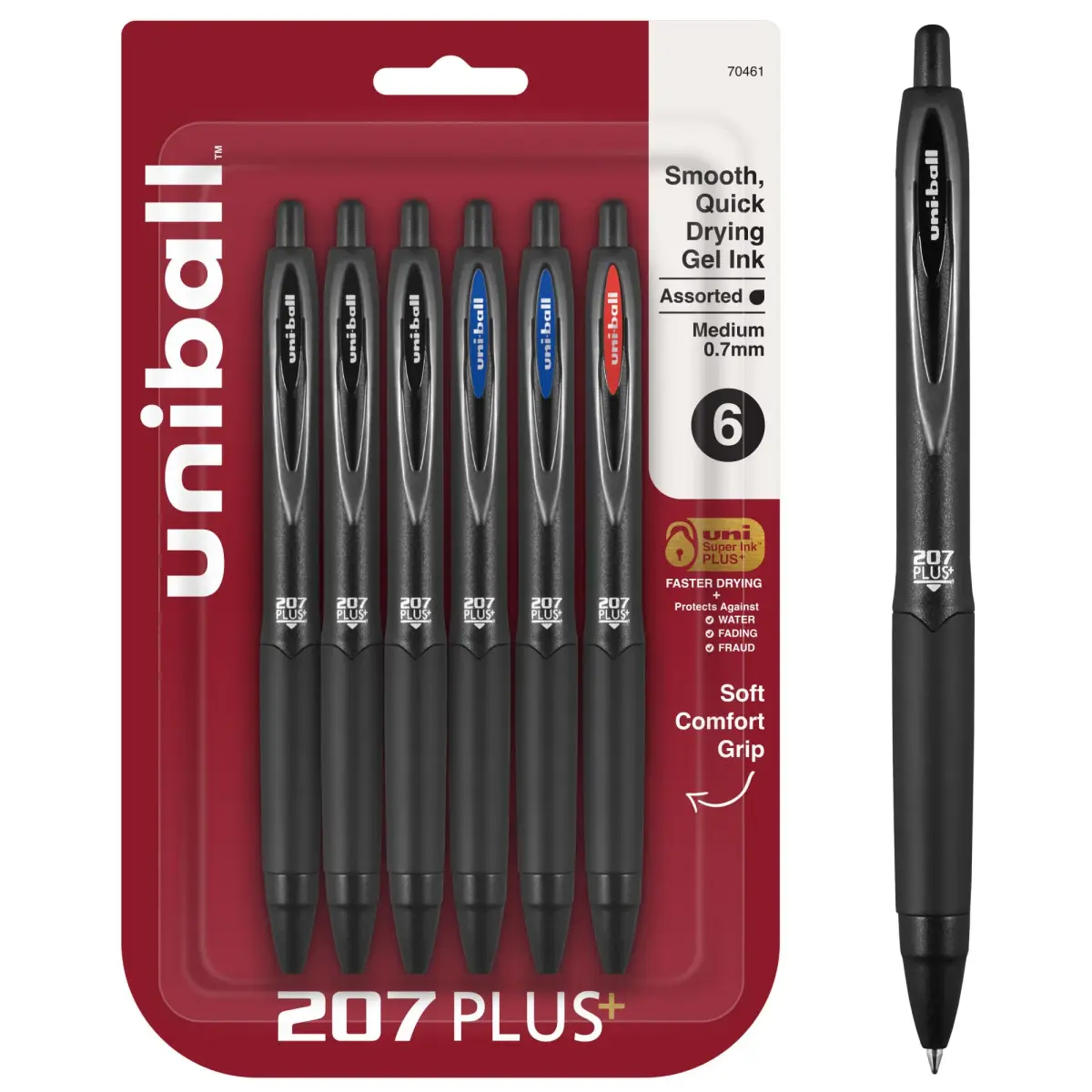 Uni-Ball 207 Plus+ Gel Pens Assorted Ink 0.7mm Medium Point 6 Count | Smooth Writing, Fade-Resistant, Fraud-Resistant - main product image