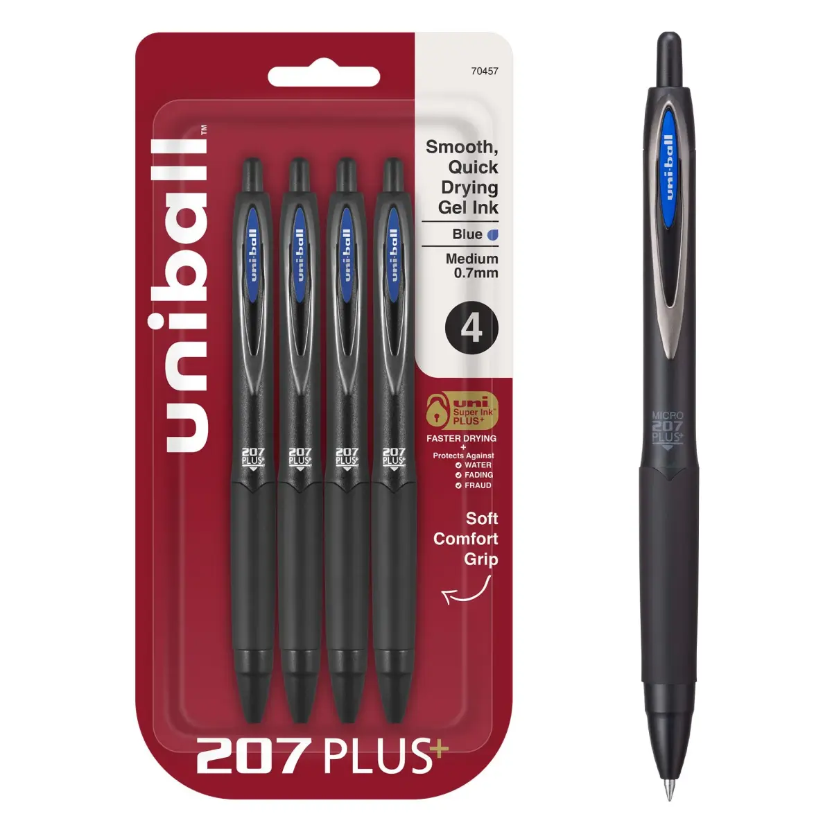 uni-ball 207 Plus+ Gel Pens Blue Ink 0.7mm Medium Point 4 Count | Smooth Writing, Smear-Resistant, Uni Super Ink Plus+ - main product image