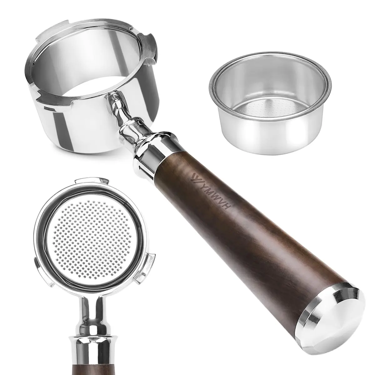 YMWVH 51mm Bottomless Portafilter 3 Ears for Delonghi Dedica EC680/EC685, Blackwood Handle | Espresso Extraction Control - main product image