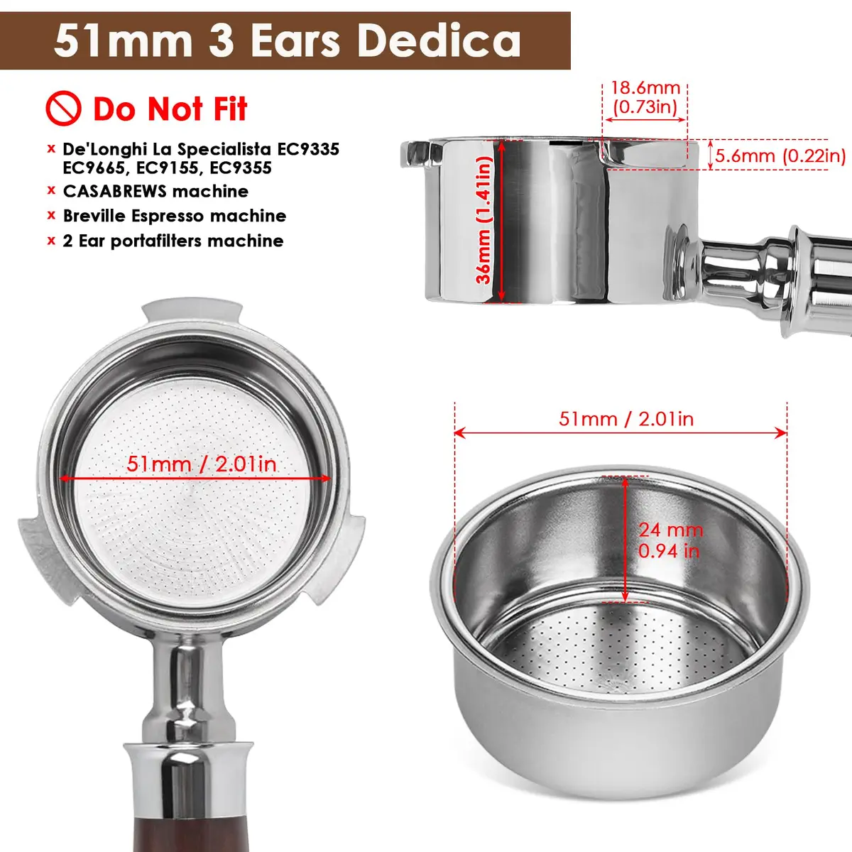 YMWVH 51mm Bottomless Portafilter 3 Ears for Delonghi Dedica EC680/EC685, Blackwood Handle | Espresso Extraction Control - view 2