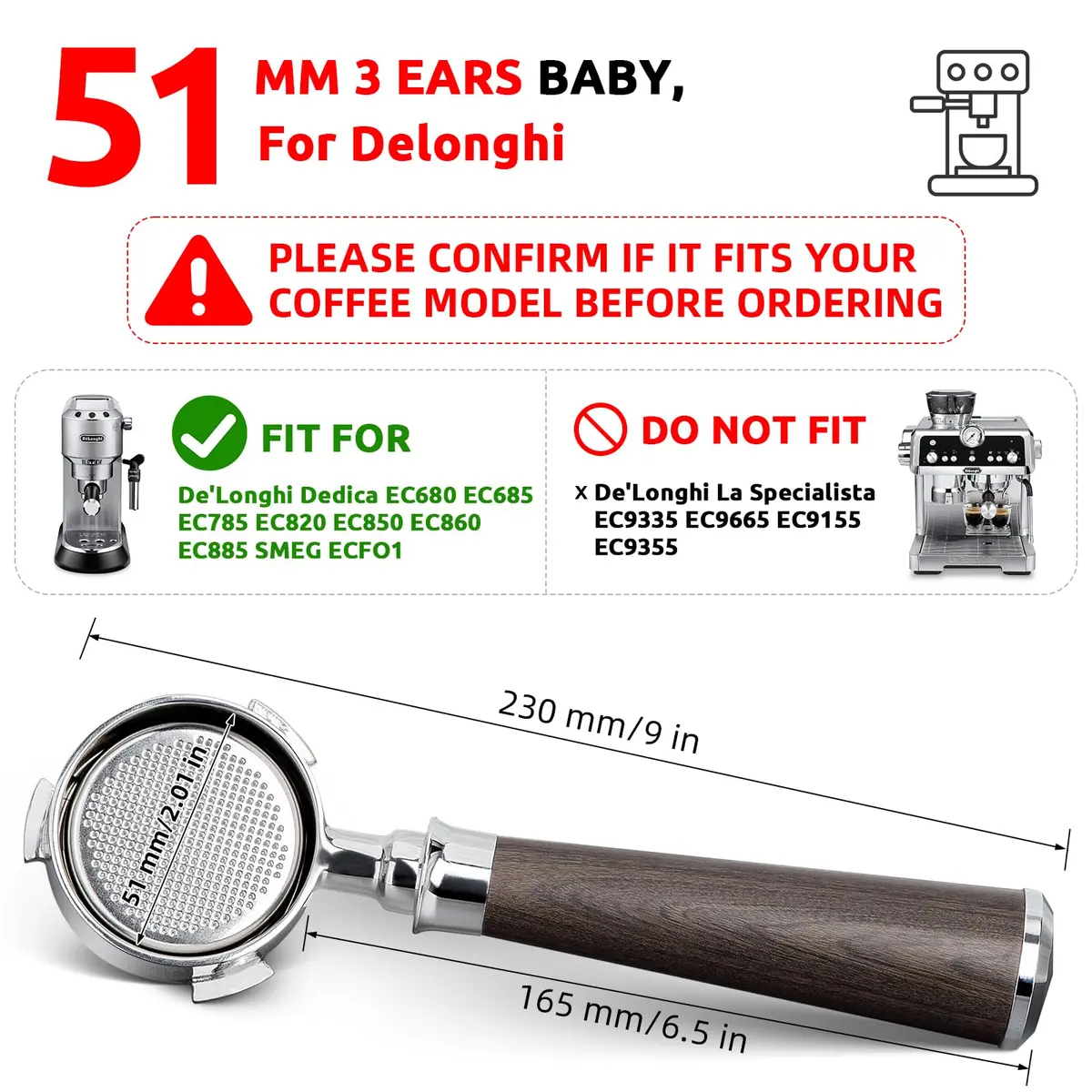 YMWVH 51mm Bottomless Portafilter 3 Ears for Delonghi Dedica EC680/EC685, Blackwood Handle | Espresso Extraction Control - view 3