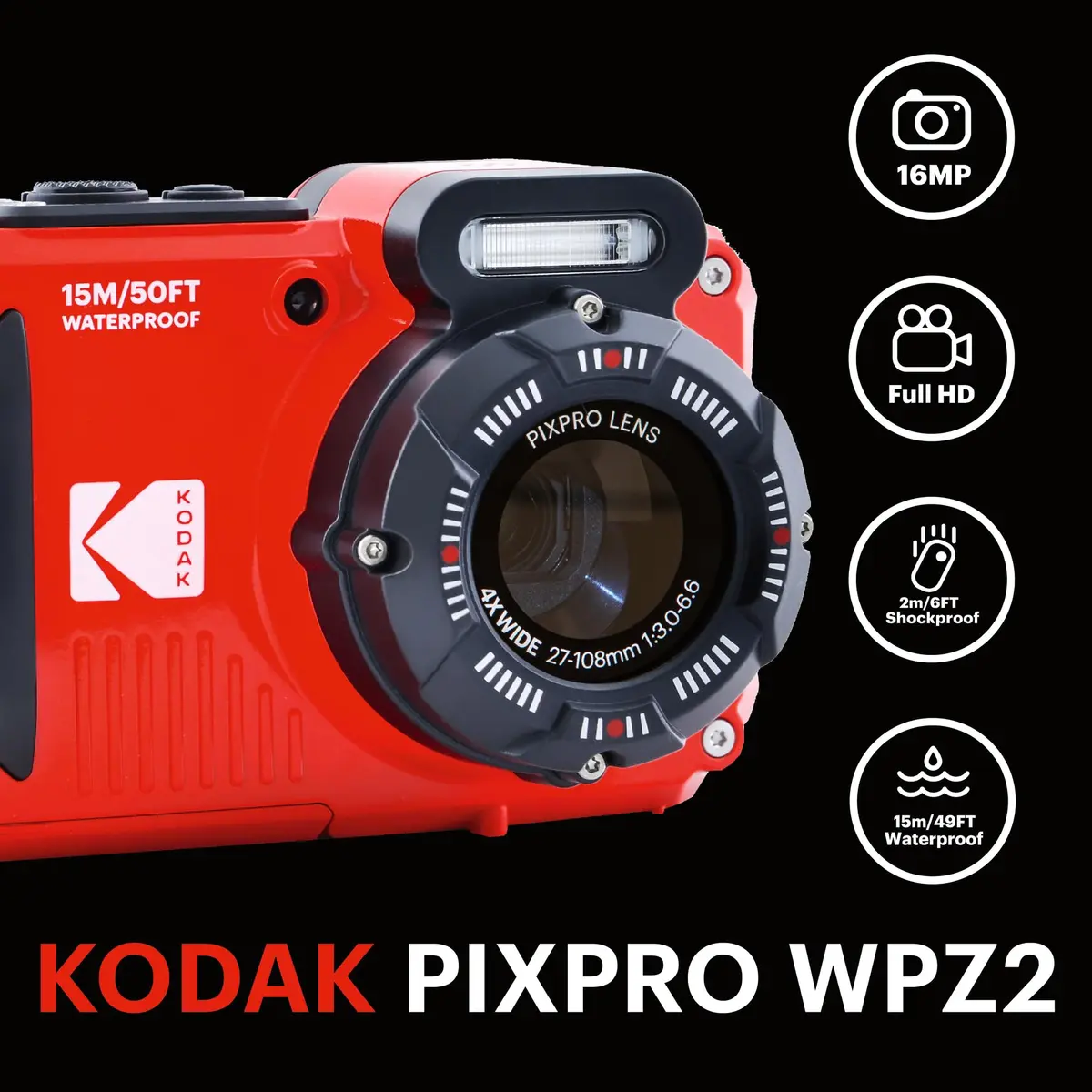 KODAK PIXPRO WPZ2 Waterproof Digital Camera 16MP 4X Optical Zoom 15m Red | 1080p HD Video - view 2