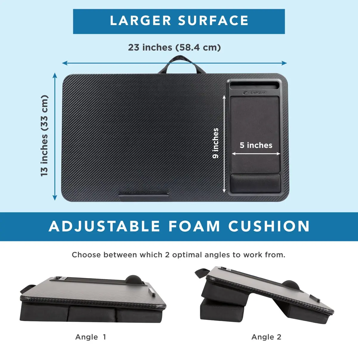 LapGear Mega Elevation Pro Lap Desk – Black Carbon, 59cm (23") × 33cm (13") | Ergonomic Design for Laptops up to 17.3" - view 5