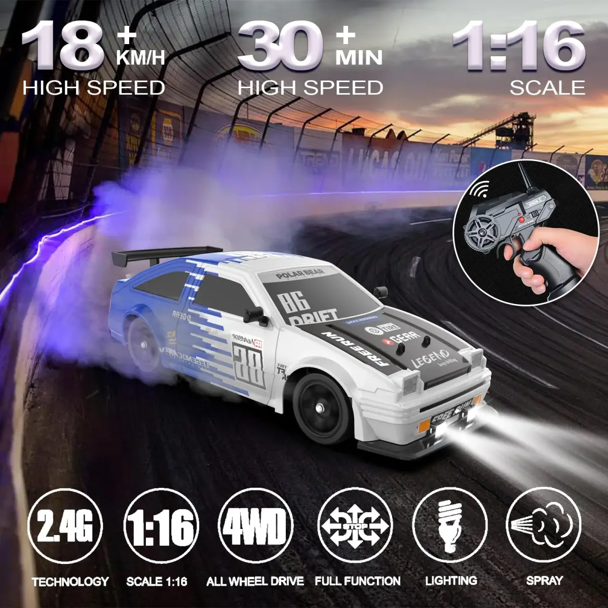 Desdoni 1:16 Scale RC Drift Car 28.5cm (11.22 in) | 4WD High Speed 18KM/H with LED Lights & Spray - view 2
