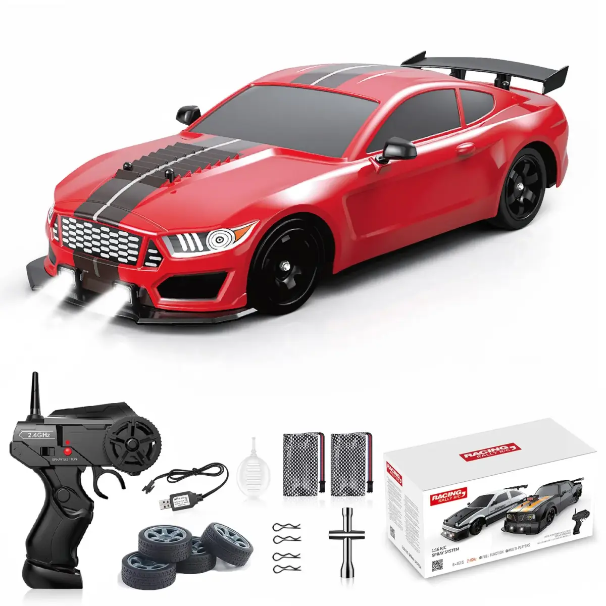Desdoni 1:16 Scale RC Drift Car - H-Red, 4WD 18KM/H High Speed with LED Lights & Spray - main product image