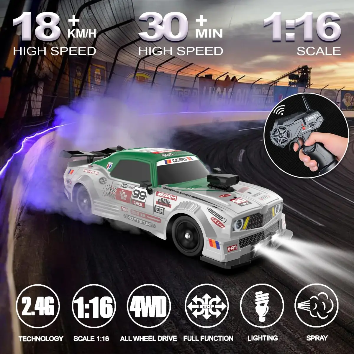 Desdoni 1:16 Scale RC Drift Car - F-Green 4WD High Speed with LED Lights & Spray - view 2