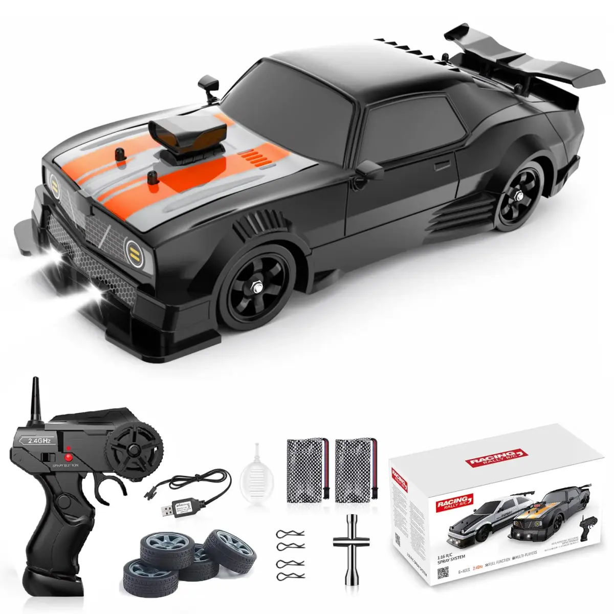 Desdoni 1:16 Scale RC Drift Car - B-Black 4WD 18KM/H with LED Lights & Spray - main product image