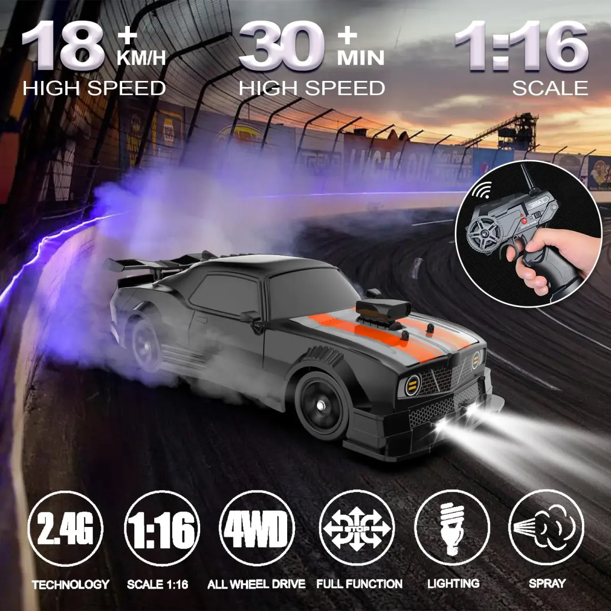 Desdoni 1:16 Scale RC Drift Car - B-Black 4WD 18KM/H with LED Lights & Spray - view 2