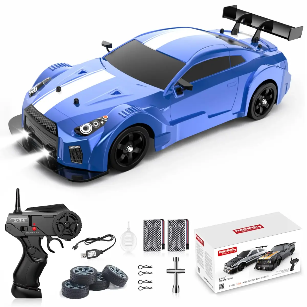 Desdoni 1:16 Scale RC Drift Car - C-Blue 4WD 18KM/H High Speed with LED Lights & Spray - main product image
