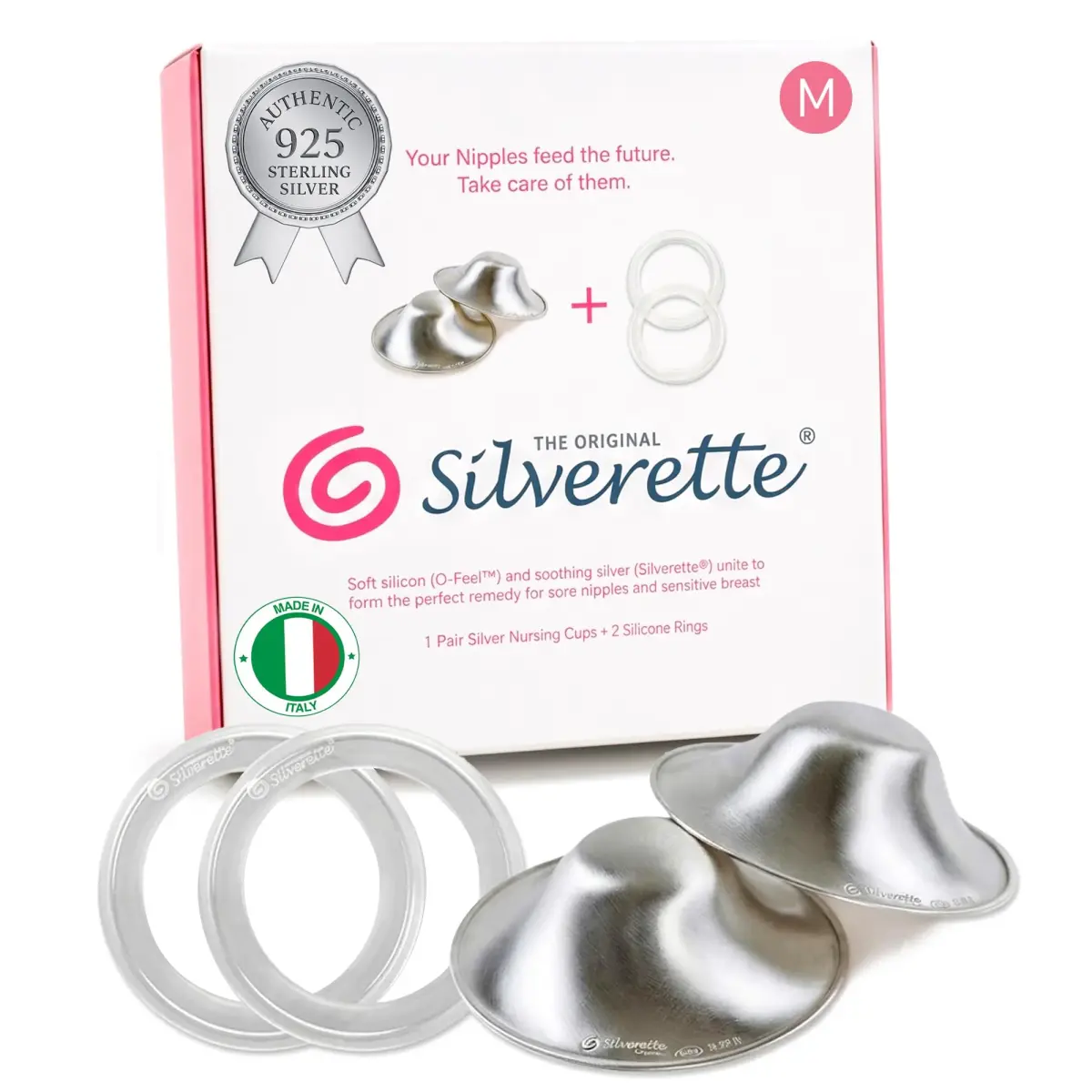 Silverette Sterling Silver Nursing Cups with O-Feel Silicone Rings | Handcrafted in Italy, 2-Pack - main product image