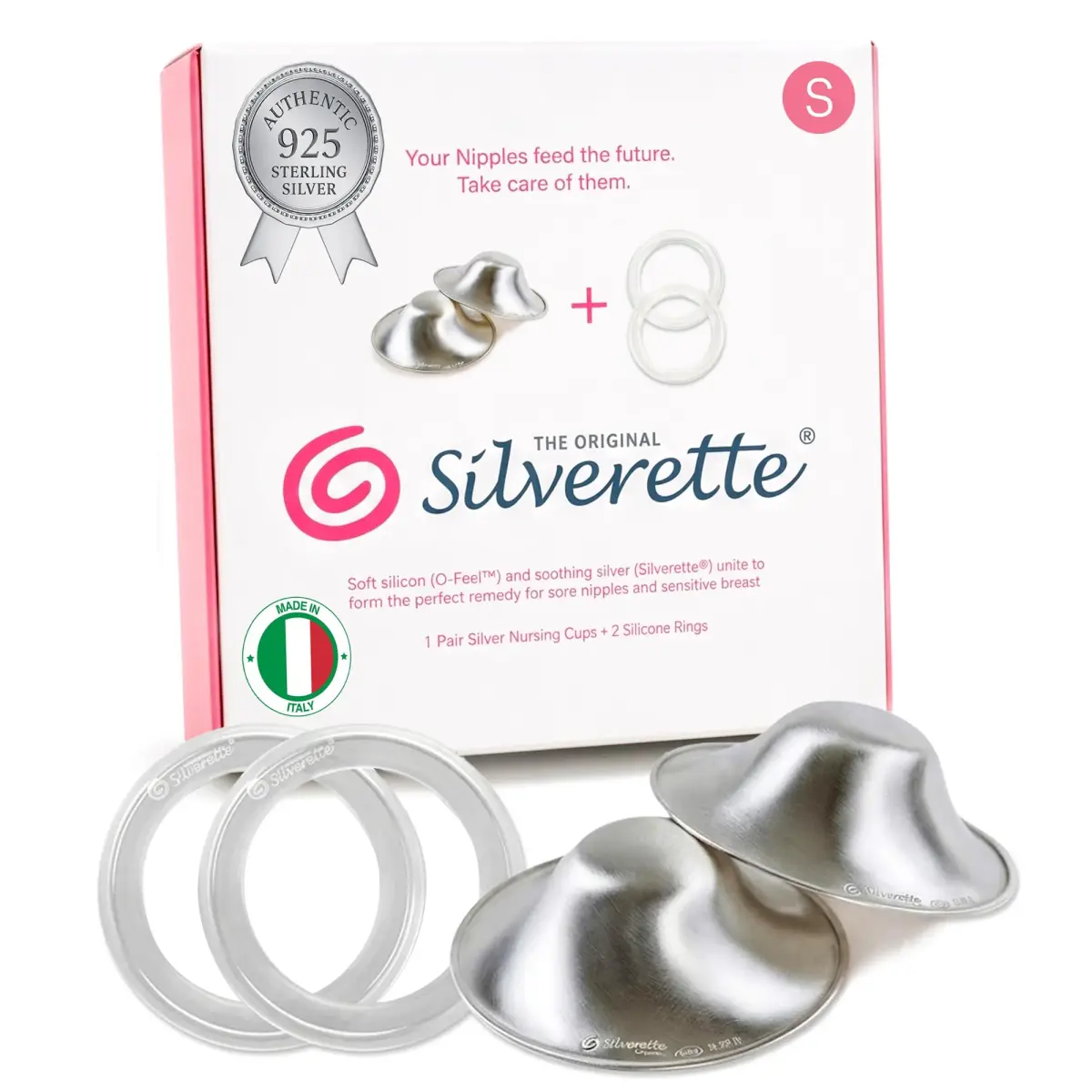 Silverette Silver Nursing Cups with O-Feel Silicone Rings | Handcrafted Sterling Silver for Soothing Relief - main product image