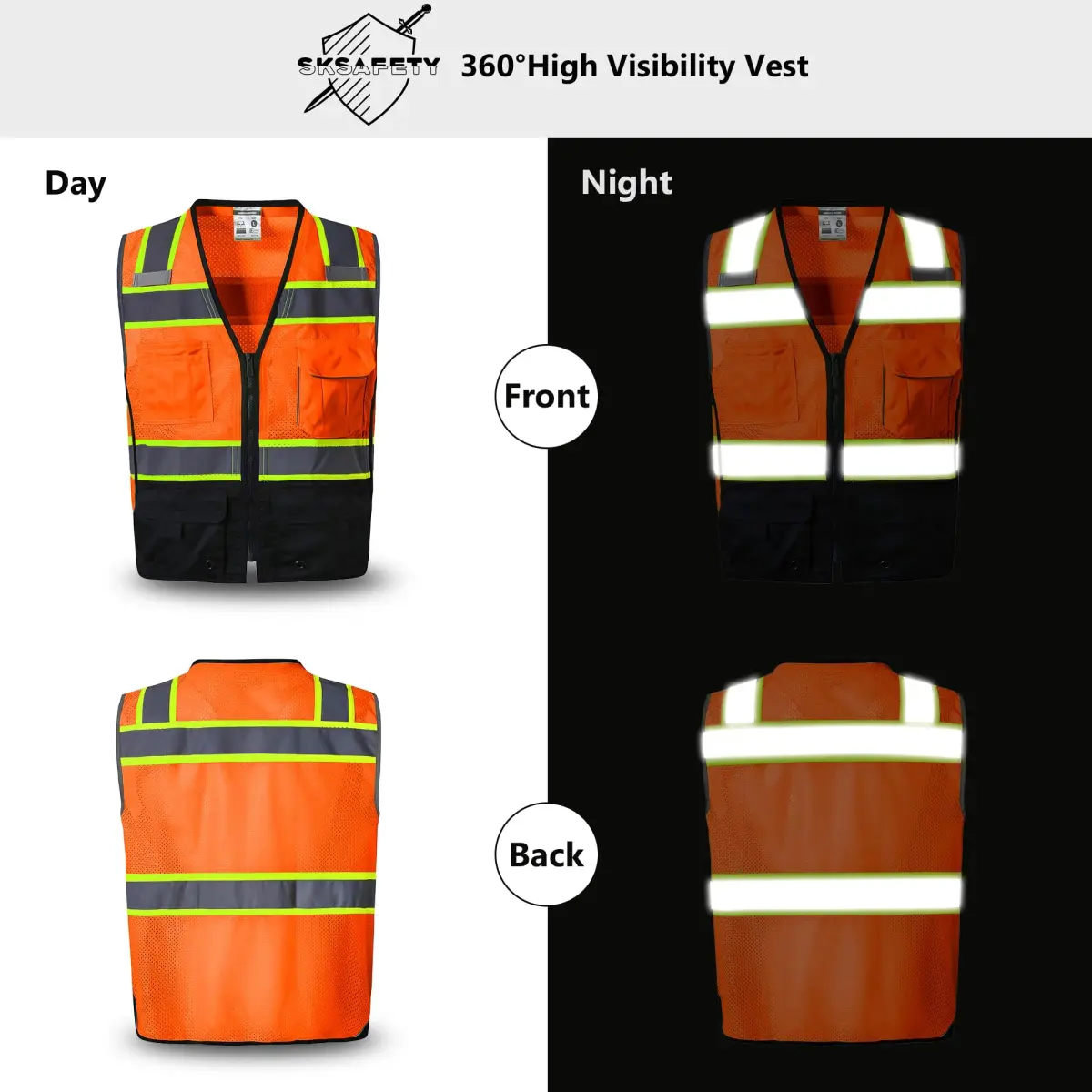SKSAFETY Professional Safety Vest, Class 2 Hi Vis Vest with Reflective Strips, ANSI/ISEA Standard (Orange, Medium) - view 2