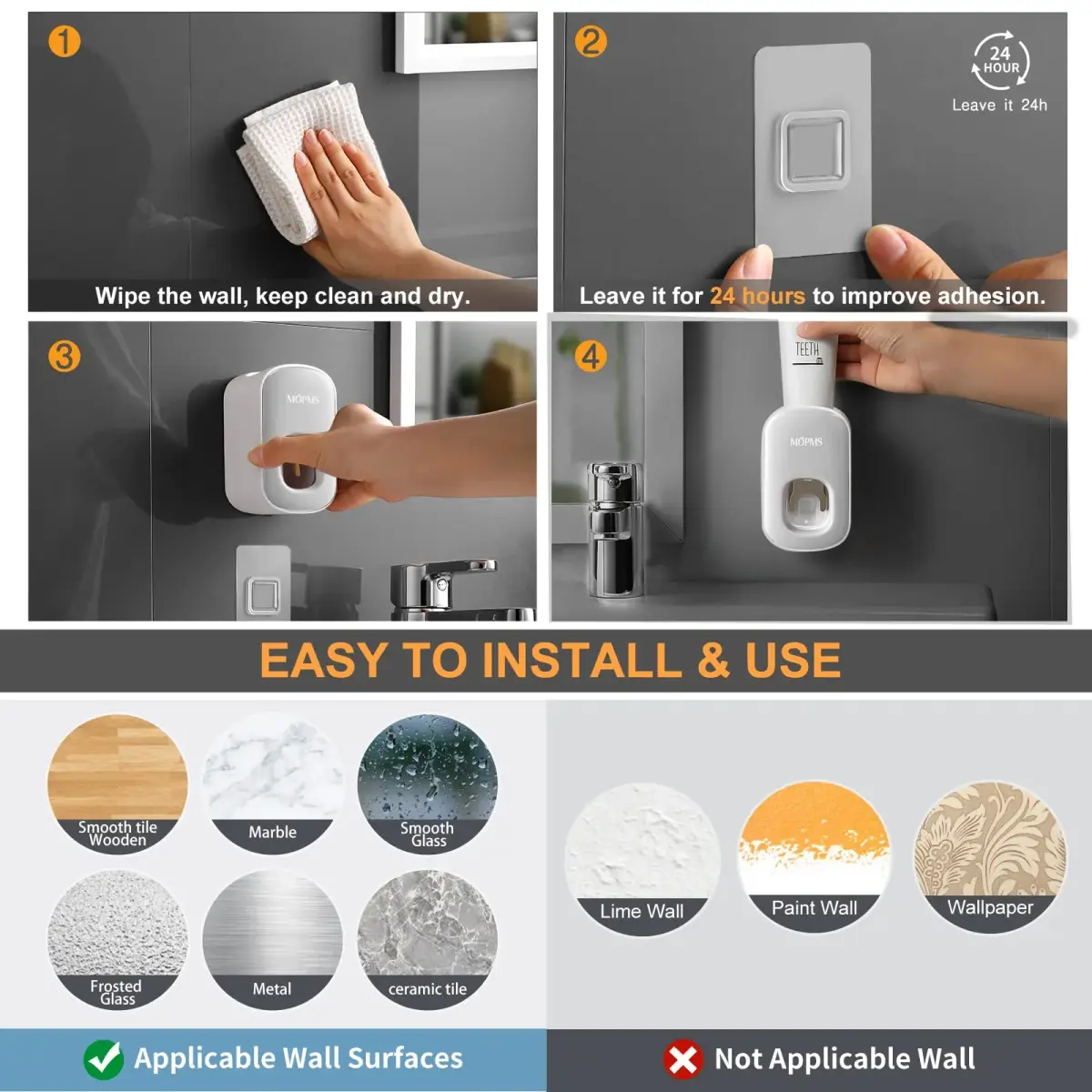 MOPMS Automatic Toothpaste Dispenser Wall Mounted for Bathroom - Grey 2-Pack | Hygienic & Hands-Free Dispensing - view 5