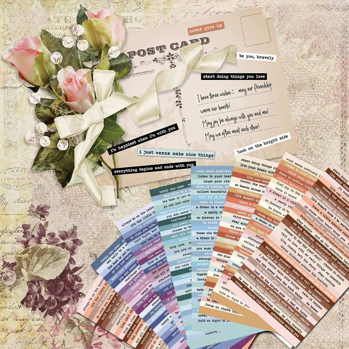 DQDEDIAN Vintage Scrapbook Stickers 406pcs | Colorful Quote & Word Stickers for Journaling & Crafts - view 5