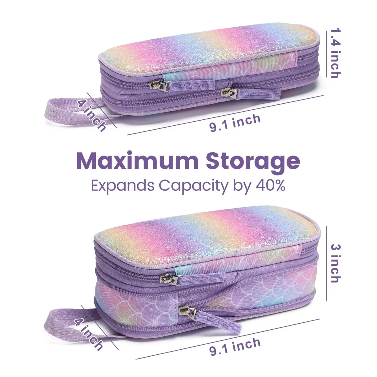 Bagseri Expandable Pencil Case for Girls | Purple Mermaid Scale Large Capacity Pouch Organizer (23cm x 11.6cm x 3.6cm) - view 3