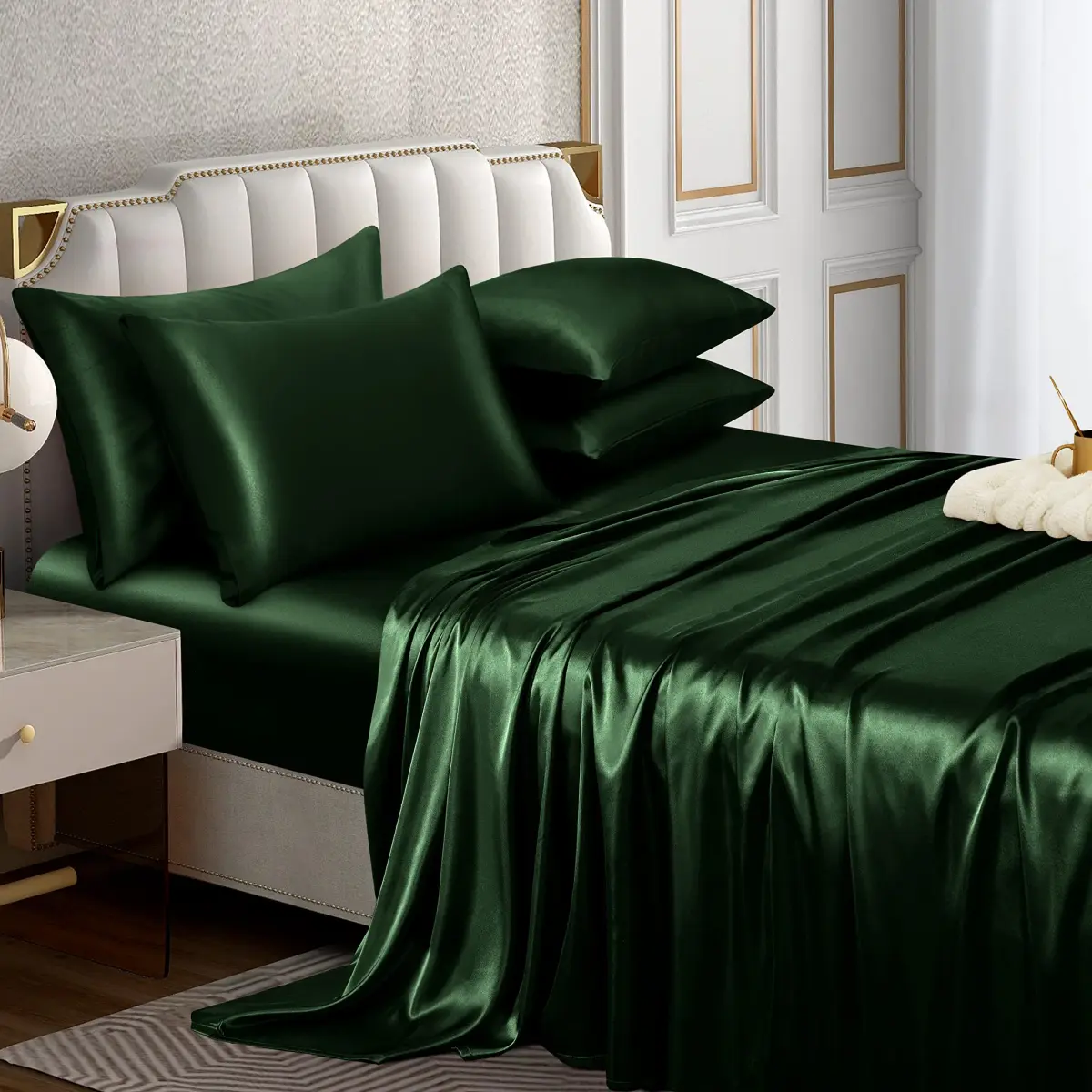 Horbaunal 6 Piece Satin Sheet Set Full Size Emerald Green | Silky Soft with 16" Deep Pocket & 4 Pillowcases - main product image